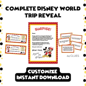 Paquete de revelación de viaje al parque temático D I S N E Y Carta y boletos de Mickey y Minnie, Búsqueda del tesoro del viaje, Personalizar - Descargar e imprimir en PDF