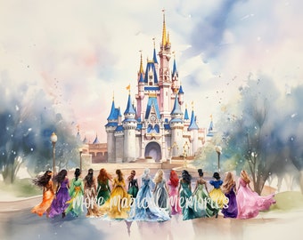 Princess Castle Watercolor Print | Classic Fairytale Storybook Art, Fantasy Storybook Decor, Printable Wall Art, Digital Wall Art