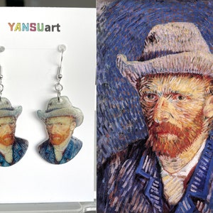 Earrings, shrink plastic earrings, Van Gogh self portrait, handmade