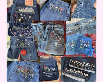 Individuell bestickte Jeans | Personalisierte Blumen Denim | Cottagecore Jeans | Kokette Ästhetische Hose | Handgemachte Blumen Jeans Geschenk für sie