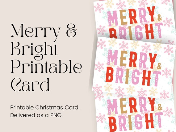 Merry And Bright Printable Card | Holiday Greeting Cards | Digital Downloads