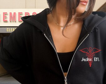 Personalized Registered Nurse Zip Up Sweatshirt Hoodie, personalized jacket Nurse Sweater, Nurse Appreciation Gift, RN Nurse, ER MD