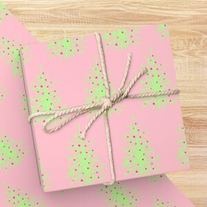 Pink Christmas Tree Wrapping Paper, Wrapping Paper Roll, Retro Christmas Tree, Holiday Gift Wrap