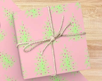 Pink Christmas Tree Wrapping Paper, Wrapping Paper Roll, Retro Christmas Tree, Holiday Gift Wrap