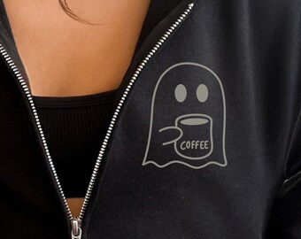 Ghost Sweatshirt Coffee Zip Up Halloween Hoodie, Spooky Season, Fall Coffee Lover Shirt, Womens Halloween Party Shirt, Fall Graphic Shirt