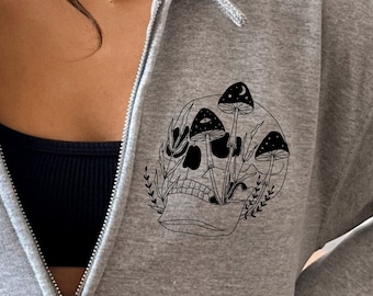 Skull Mushroom Aesthetic Zip Hoodie, Mushroom Skeleton Halloween, Hippie Mushroom Skull , plant shirt, Nature shirt, Gift for her