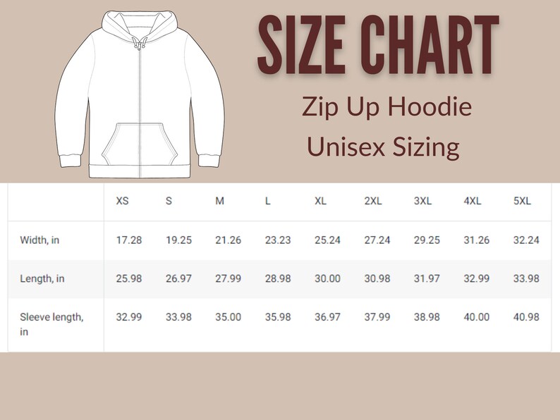 May include: Size chart for a zip-up hoodie with unisex sizing. The chart shows measurements in inches for width, length, and sleeve length for sizes XS through 5XL.