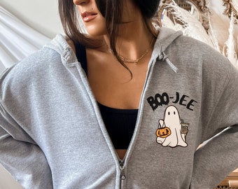 Halloween Zip Up Jacket, Boo Jee Ghost Halloween Zip Up Sweatshirt, Full Zipper Jacket, Comfy Fall Sweater