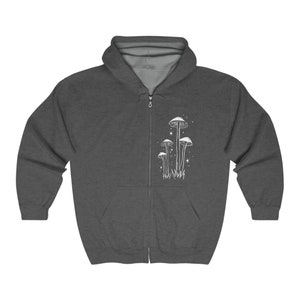 Mushroom Zip Up Hoodie, Mushroom Aesthetic Zip Hoodie, Skeleton Halloween, Hippie Mushroom Skull , plant shirt, Nature shirt, Gift for her Dark Heather