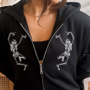 Y2K Skeleton Zip Up Hoodie, Halloween Graphic Sweatshirt with Zipper