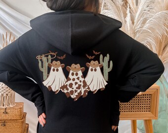 Halloween Zip Up Hoodie Sweatshirt, Western Cowboy Ghost Cactus, Womens Zipper Pull Black Party Outfit Fall, Cowboy Killer, Front and Back