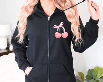 Pink Bows Zip Up Hoodie, Cute Hooded Sweatshirt for Women, Cozy Full Zip Jacket, Trendy Zippered Sweatshirt, Soft Pink Bow Hoodie,