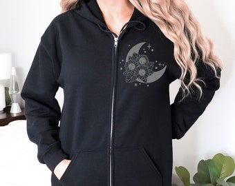 Moon Zip Up Hoodie, Celestial hoodies with zipper, Moon phase hoodies, Womens Hoodie Zip Up, Birthday Gift, astrology hoodie, moonli
