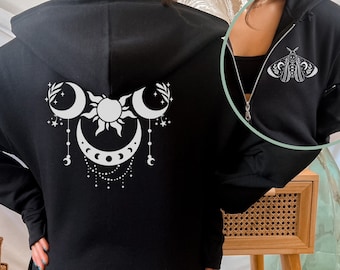 Moon and Sun Zip Up Hoodies, Gothic Moth Sweatshirt, Moon phase hoodies| cozy zip ups for Fall| Celestial hoodies with zipper|