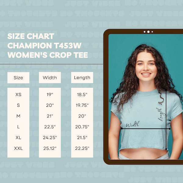 Champion T453W Size Chart, Women's Crop Top Size Chart, Champion Crop Top Print on Demand Chart, Size Chart, Etsy Shop Tools, Women's Crop