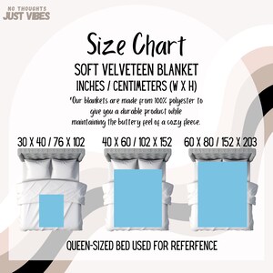 May include: Size chart for a soft, velvety blanket. The chart shows three different sizes of blankets, each displayed on a queen-sized bed. The blanket is light blue and the bed is white. The sizes are listed in inches and centimetres: 30 x 40 / 76 x 102, 40 x 60 / 102 x 152, and 60 x 80 / 152 x 203.