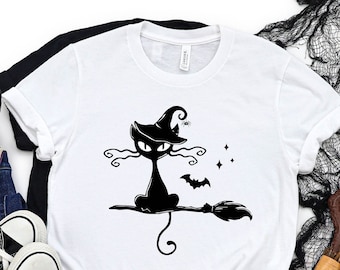 Halloween Cat Witch Broom Shirt, Witch Shirt, Halloween Shirt, Halloween Black Cat Shirt,  Gift For Halloween Cat Shirt, Broom Rider Cat Tee