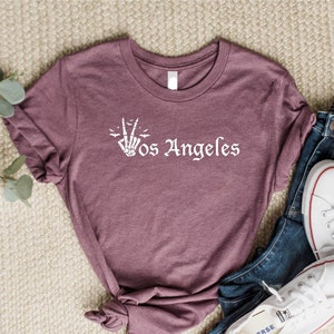 Los Angeles Skeleton Halloween TShirt, Trending Spooky Shirt, Halloween Fun with Los Angeles California Tees, Rock & Roll Sign Skeleton Hand