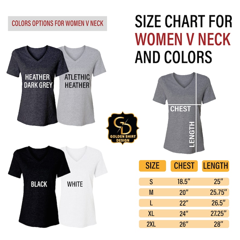 May include: Size chart for women's V-neck shirts in various colors, including heather dark grey, athletic heather, black, and white. The chart shows chest and length measurements in inches for sizes S, M, L, XL, and 2XL.