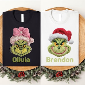 Mr and Mrs Grinch Couple Matching Shirt, Faux Yarn Crochet T-shirt, Grinch Christmas T-shirt, Funny Grinch Xmas Shirts
