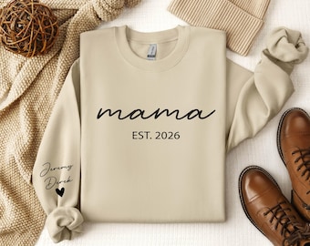 Personalized Mama Est Sweatshirt with Kid Names on Sleeve, Mothers Day Gift, Birthday Gift for Mom, New Mom Gift, Minimalist Mom Sweater