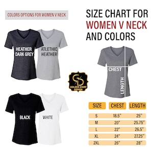 May include: Size chart for women's V-neck shirts in various colors, including heather dark grey, athletic heather, black, and white. The chart shows chest and length measurements in inches for sizes S, M, L, XL, and 2XL.