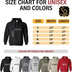 May include: Size chart for unisex hoodies with measurements in inches. Color options include black, white, dark heather, sport grey, military green, sand, and red.