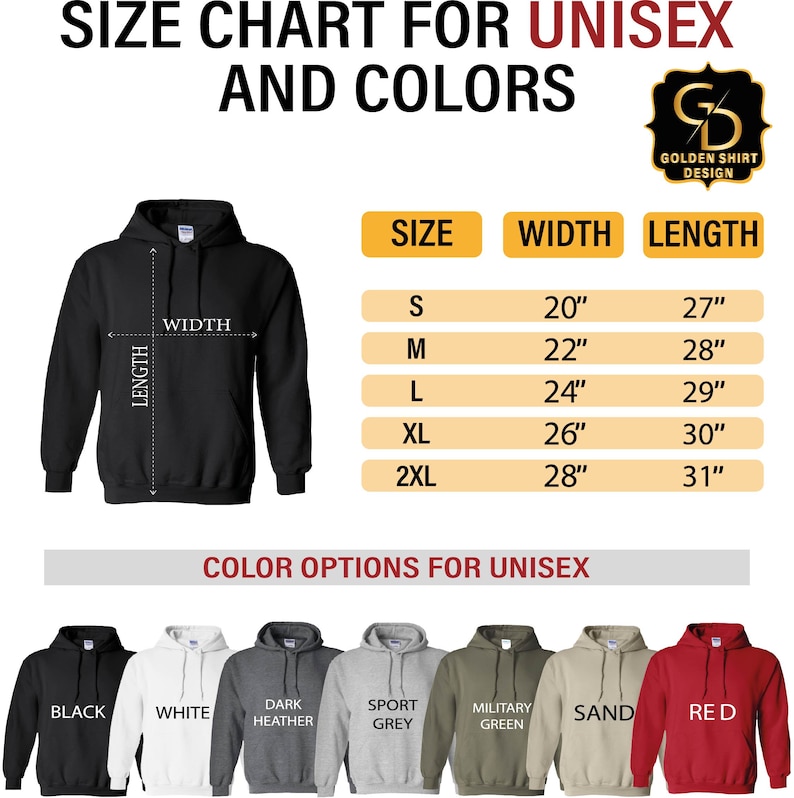 May include: Size chart for unisex hoodies with measurements in inches. Color options include black, white, dark heather, sport grey, military green, sand, and red.