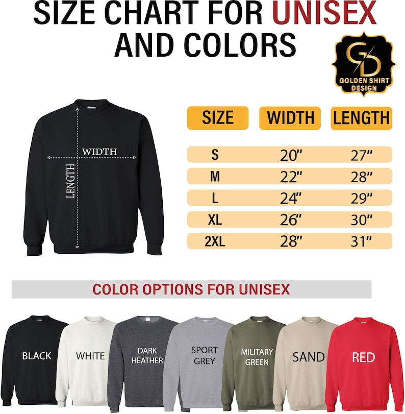 May include: Size chart for unisex sweatshirts with measurements in inches. Color options include black, white, dark heather, sport grey, military green, sand, and red.