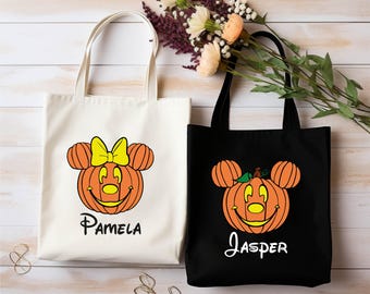 Custom Mickey Minnie Pumpkin Tote Bag, Trick or Treat Shopping Bag, Halloween Tote bag, Custom Name Tote Bag,Trick or Treat Personalized Bag