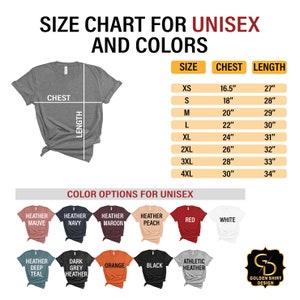 May include: Unisex t-shirt size chart with measurements in inches for chest and length. Color options include heather mauve, heather navy, heather maroon, heather peach, red, white, heather deep teal, dark grey heather, orange, black, and athletic heather.