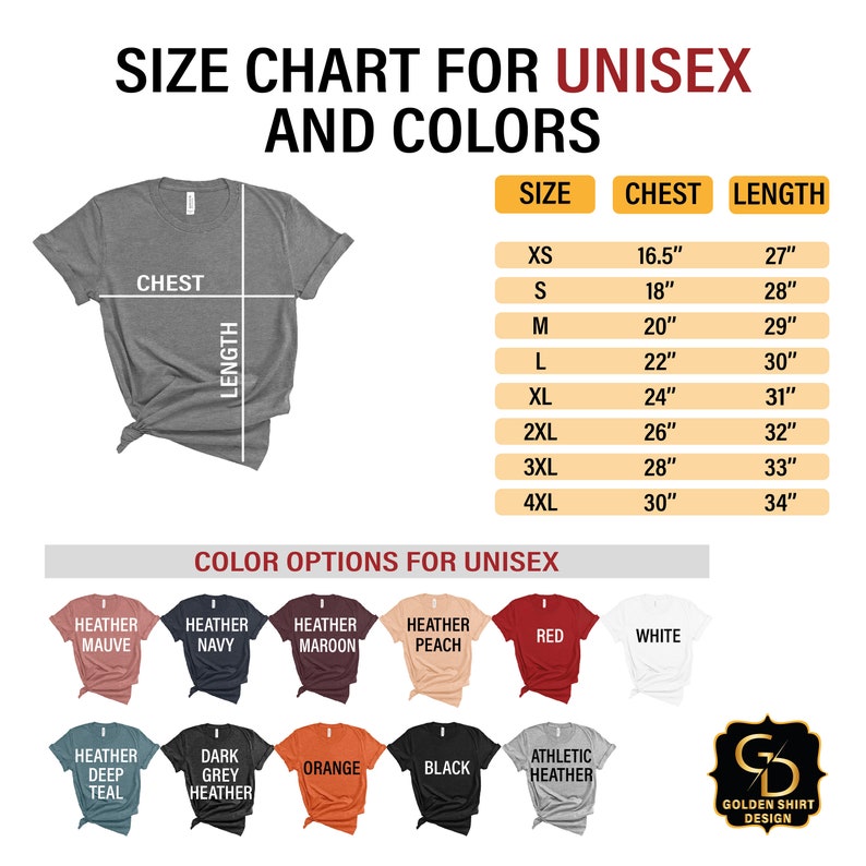 May include: Unisex t-shirt size chart with measurements in inches for chest and length. Color options include heather mauve, heather navy, heather maroon, heather peach, red, white, heather deep teal, dark grey heather, orange, black, and athletic heather.