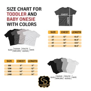 May include: Size chart for toddler and baby onesies in black, heather dark gray, athletic heather, and white. The chart shows chest and length measurements in inches for sizes 2T, 3T, 4T, 5T, 6M, 12M, 18M, and 24M.