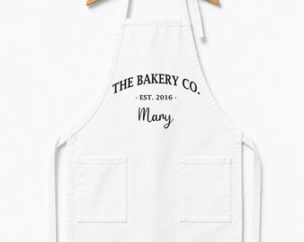 The Bakery Co. Est Personalised Name Chef Apron, Housewarming Mother's Day Birthday Gift Bakery Bakers Mum Auntie Grandma Kitchen Present
