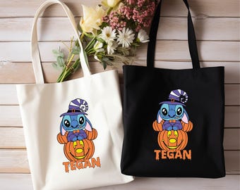 Personalized Cute Custom Mickey & Stitch Pumpkin Tote Bag, Halloween Tote bag,Custom Tote Bag, Trick or Treat Tote Personalized Shoulder Bag