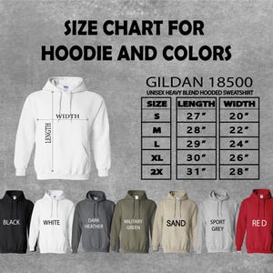 The image is a size chart for hoodie and colors, featuring a white hoodie with measurements and a variety of colored hoodies with different sizes.