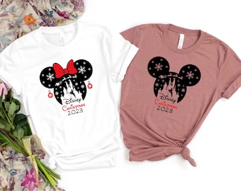 Chemise Mickey et Minnie tête fée clochette Disney Noël 2025, chemise Minnie Mouse avec boucles d'oreilles flocon de neige, chemise couple Noël Disney