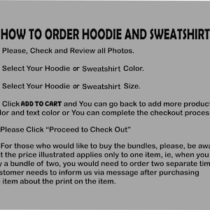 The image is a step-by-step guide on how to order a hoodie and a sweatshirt. It provides instructions on selecting the product, color, size, and checkout process.