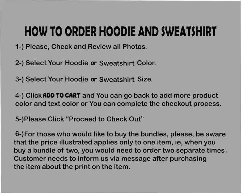 The image is a step-by-step guide on how to order a hoodie and a sweatshirt. It provides instructions on selecting the product, color, size, and checkout process.