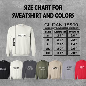 The image is a size chart for a GILDA 18500 unisex heavy blend hooded sweatshirt, displaying the measurements for different sizes and colors.