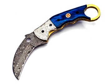 Karambit Damasco forjado a mano personalizado, 2 cuchillos con mango de hueso de camello y funda de cuero, cuchillo plegable para camping y caza, regalo para él.