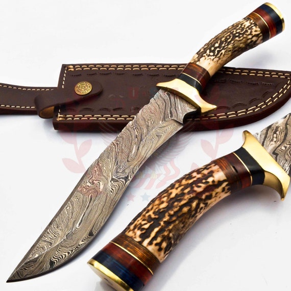 Personalized 10 inch Damascus Steel Hunting knife Handle Deer Antler W leather Cover Handle Clip shape could be different than in the Pics