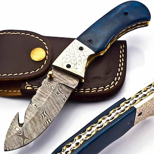 Personalization Custom Hand Made Damascus Steel Folding Pocket Knife with Handle Paka Wood with Leather Sheeth