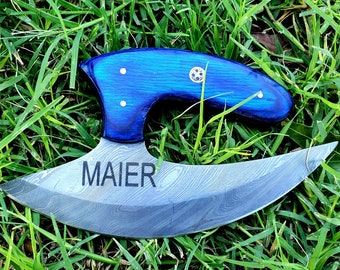Personalized Damascus Chef Kitchen Ulu Knife Chef Knife Heavy Duty Damascus Handle Blue Koa Wood with Leather Sheath Mother's Day Gift