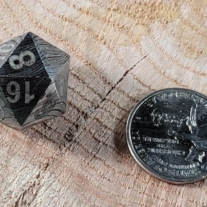 May include: A silver metal d20 dice with black numbers and a swirling pattern. The dice is sitting on a wooden surface next to a US quarter.