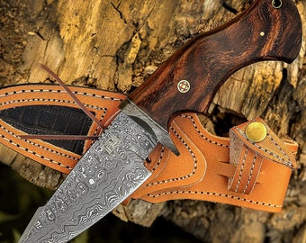 Personalized Damascus knife Gift Forged DAMASCUS Steel Hunting Knife With hard wood Handle, Gift for him, Outdoor Knife gift