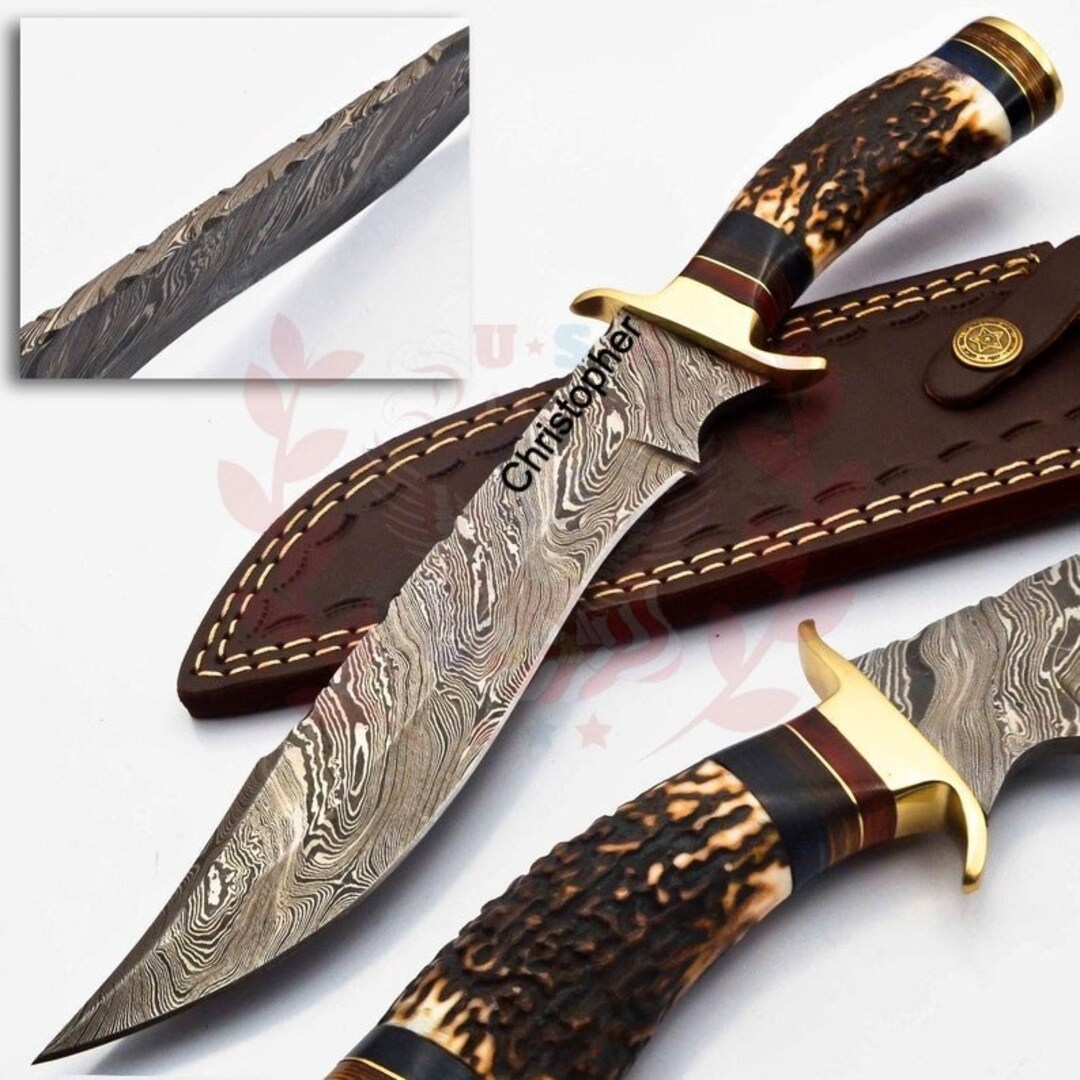 Premium Damascus Steel Hunting Knife with Antler Handle