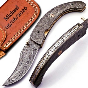 Personalized Custom Damascus Steel Folding Pocket Knife Handle Damascus with Knife Sharpner and Leather Sheeth
