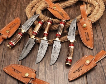 Personalized Set of Groomsmen Damascus Steel Hunting knife Handle Deer Antler The Handle Color and shape could be different then Pictures