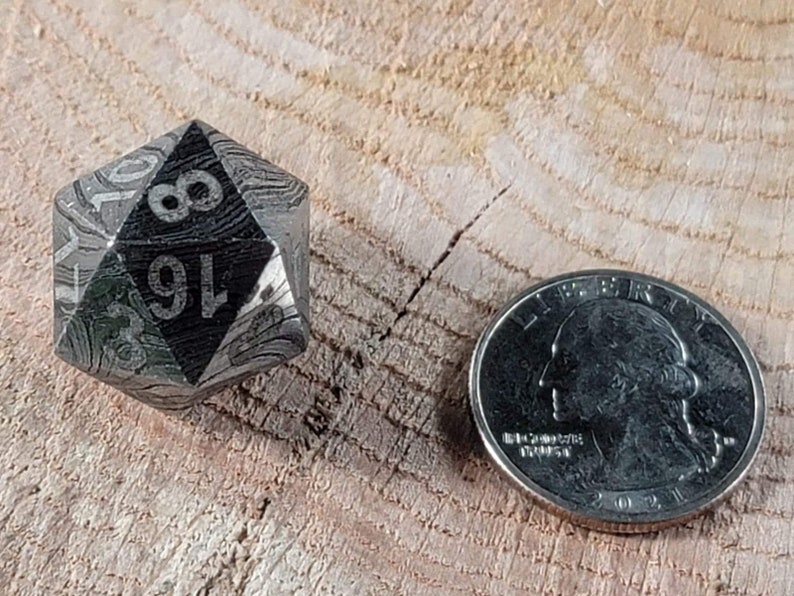 May include: A silver and black metal d20 dice with a textured surface and the numbers 1 through 20 etched on the faces. The dice is about the size of a UK 20 pence coin.